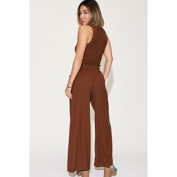BASIC BAE Burnt Umber Two Piece Ribbed Wide Leg and Tank Outift Set NEW Misses - Picture 3 of 6